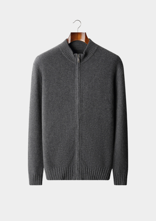 Pure Cashmere Dark Gray Ribbed Zip Cardigan | Portovelli