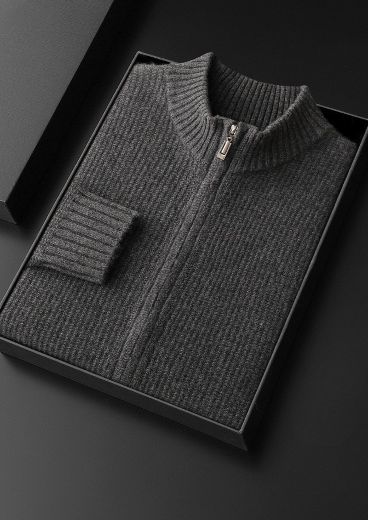 Pure Cashmere Dark Gray Ribbed Zip Cardigan | Portovelli