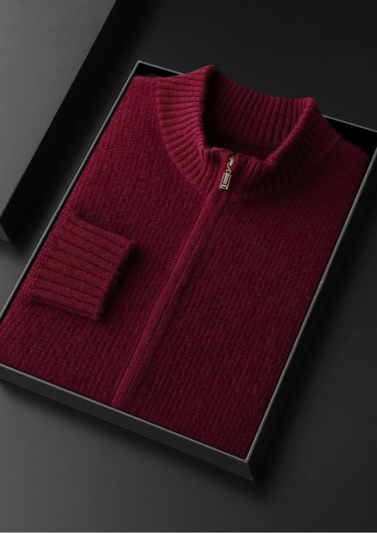 Pure Cashmere Burgundy Ribbed Zip Cardigan | Portovelli