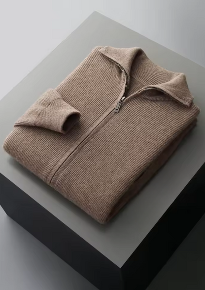 Pure Extra-Fine Merino Wool Ribbed Zipper Cardigan | Portovelli