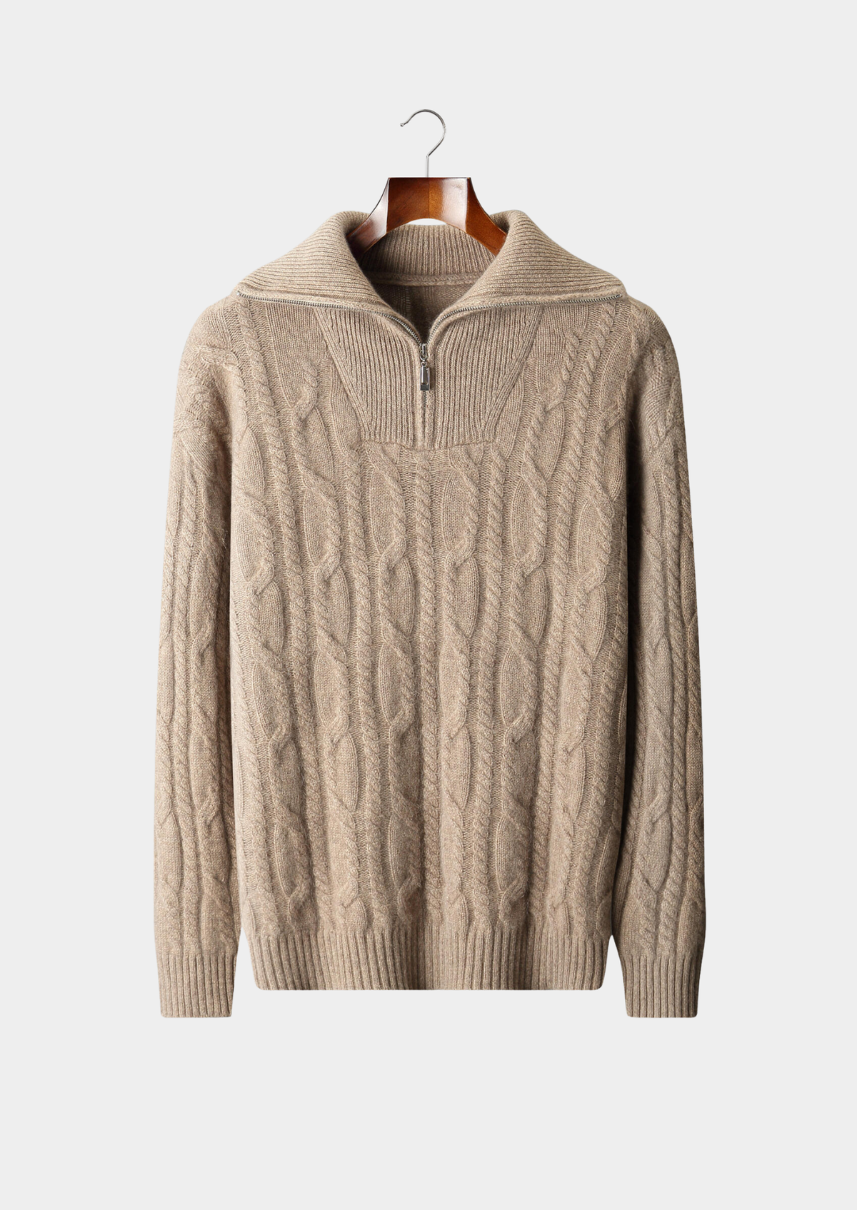 Pure Cashmere Beige Cable Half Zip Sweater | Portovelli