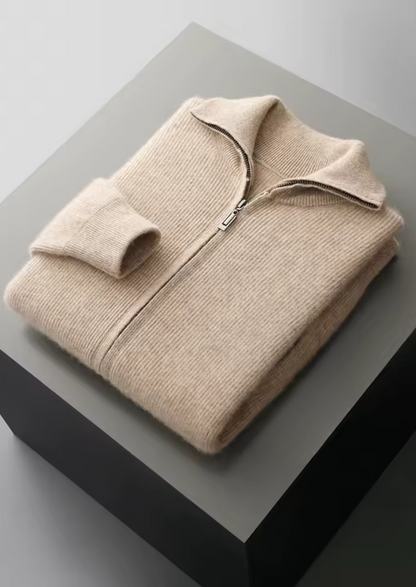 Pure Extra-Fine Merino Wool Ribbed Zipper Cardigan | Portovelli