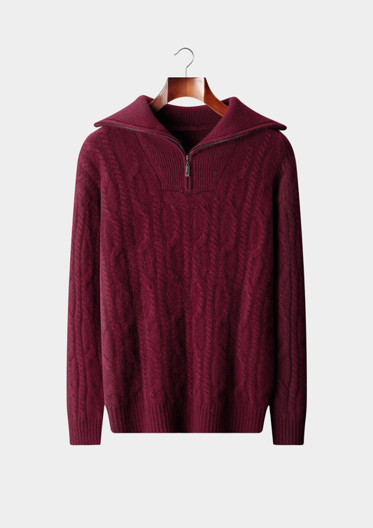 Pure Cashmere Burgundy Cable Half Zip Sweater | Portovelli
