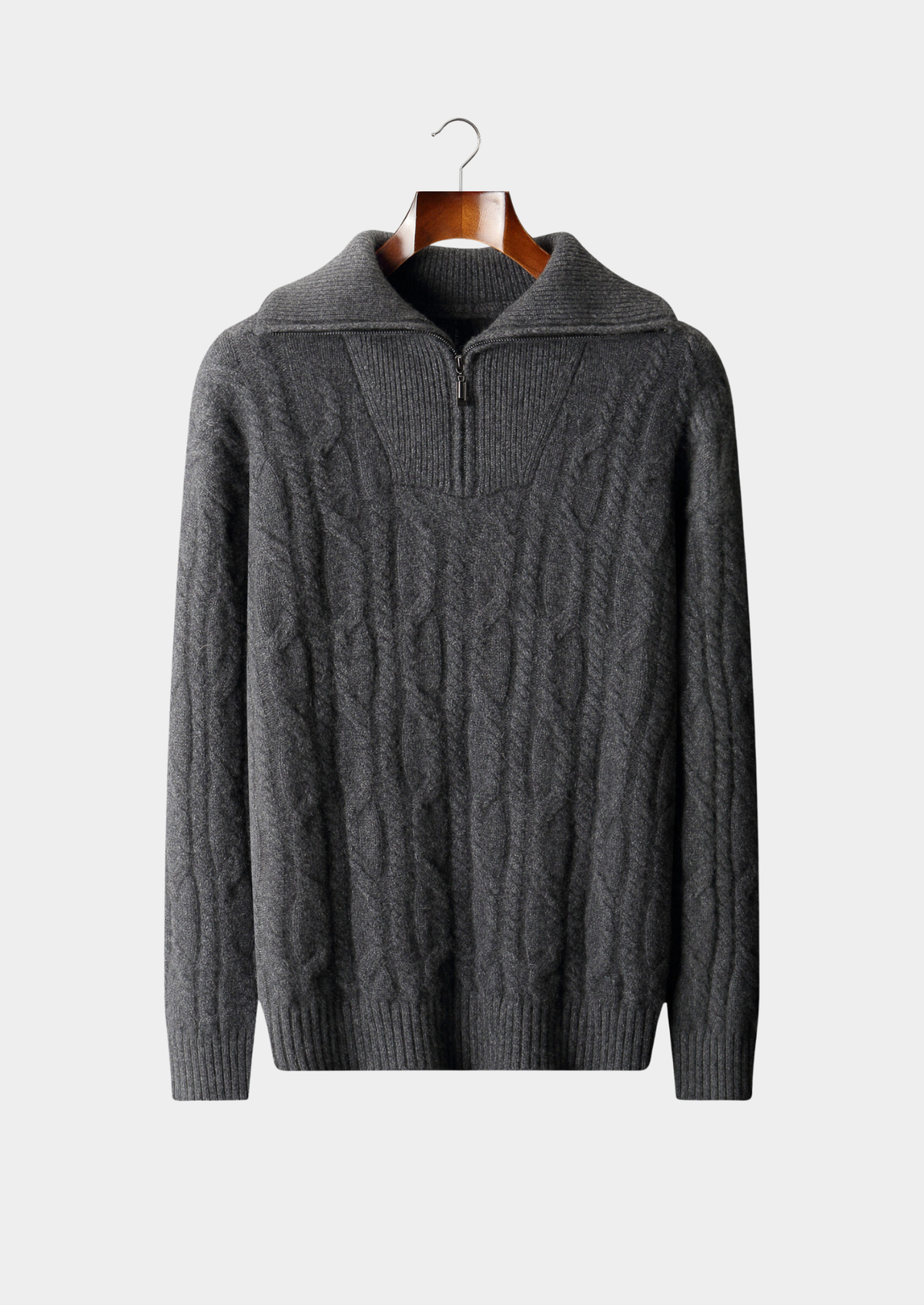 Pure Cashmere Dark Gray Cable Half Zip Sweater | Portovelli