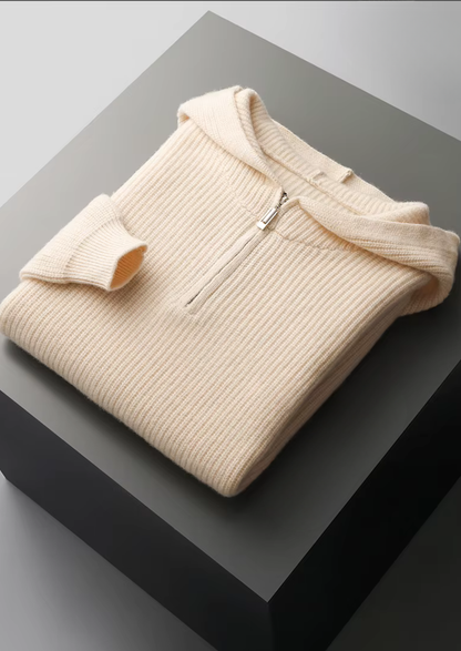 Pure Extra-Fine Merino Wool Half Zipper Hoodie | Portovelli