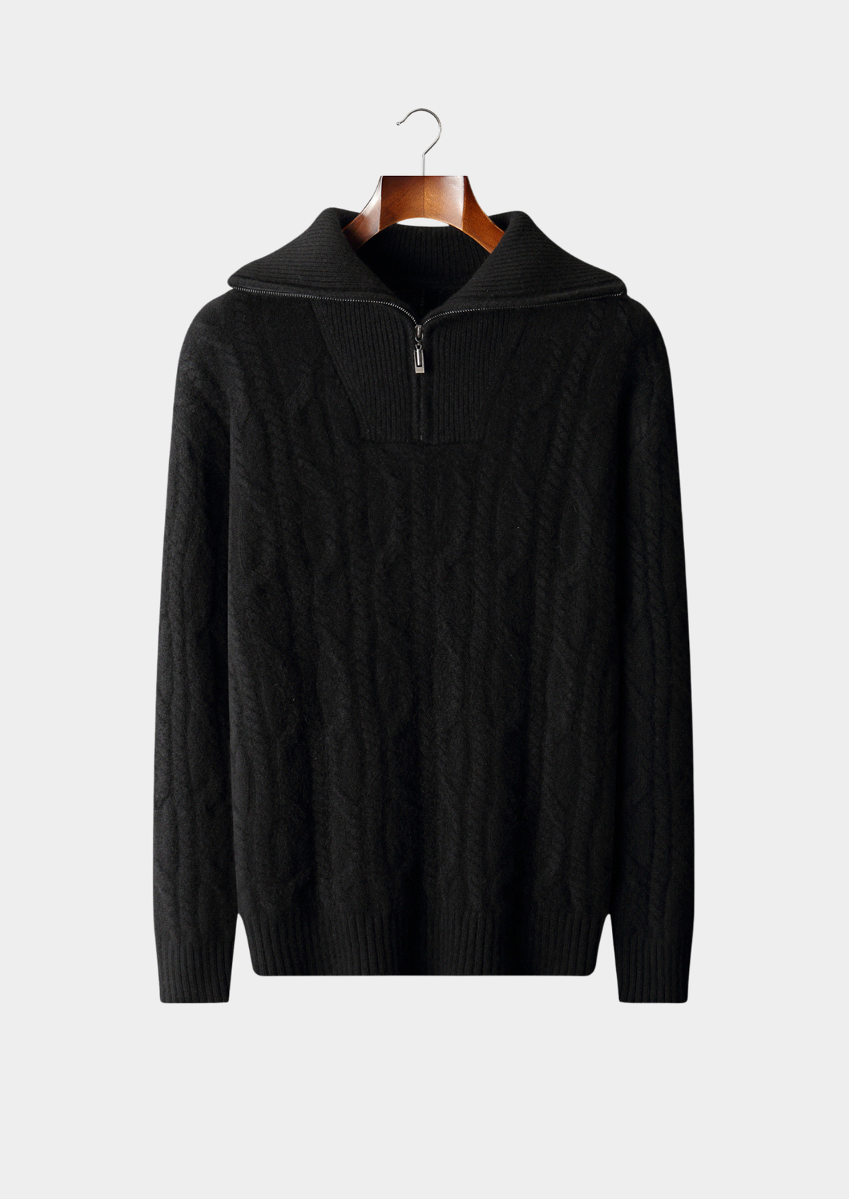 Pure Cashmere Black Cable Half Zip Sweater | Portovelli
