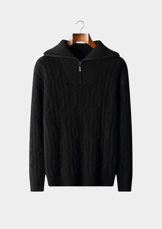 Pure Cashmere Black Cable Half Zip Sweater | Portovelli