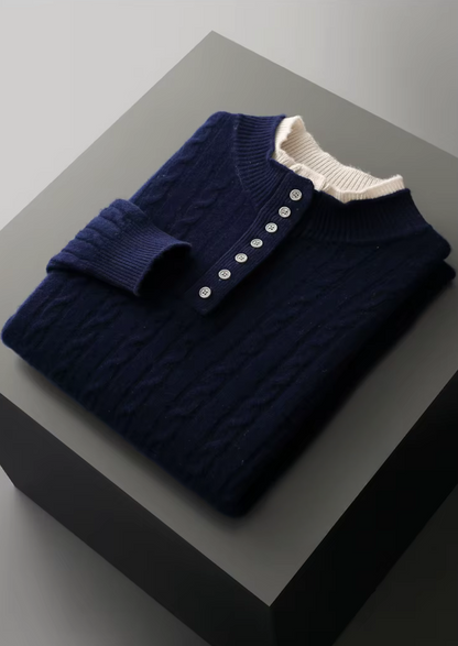 Pure Extra-Fine Merino Wool Cable Knit Henley Sweater | Portovelli