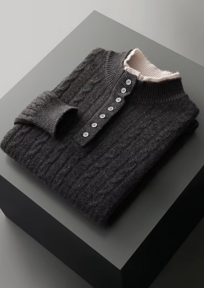 Pure Extra-Fine Merino Wool Cable Knit Henley Sweater | Portovelli