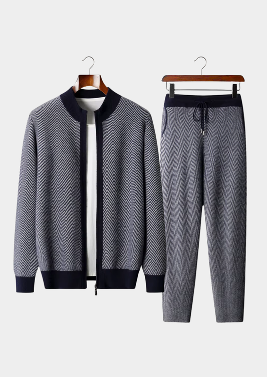Pure Extra-Fine Merino Wool Navy Blue Herringbone Set | Portovelli