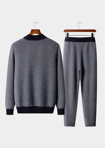 Pure Extra-Fine Merino Wool Navy Blue Herringbone Set | Portovelli
