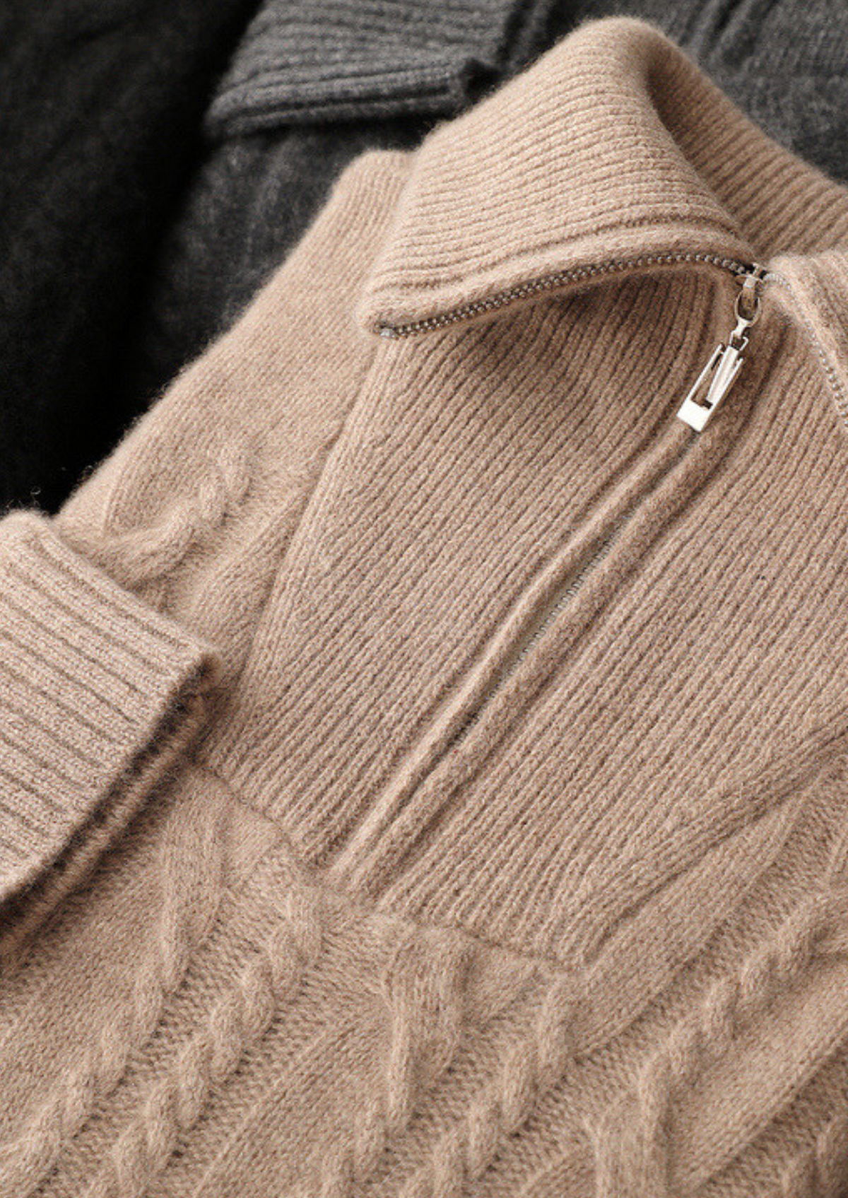 Pure Cashmere Beige Cable Half Zip Sweater | Portovelli