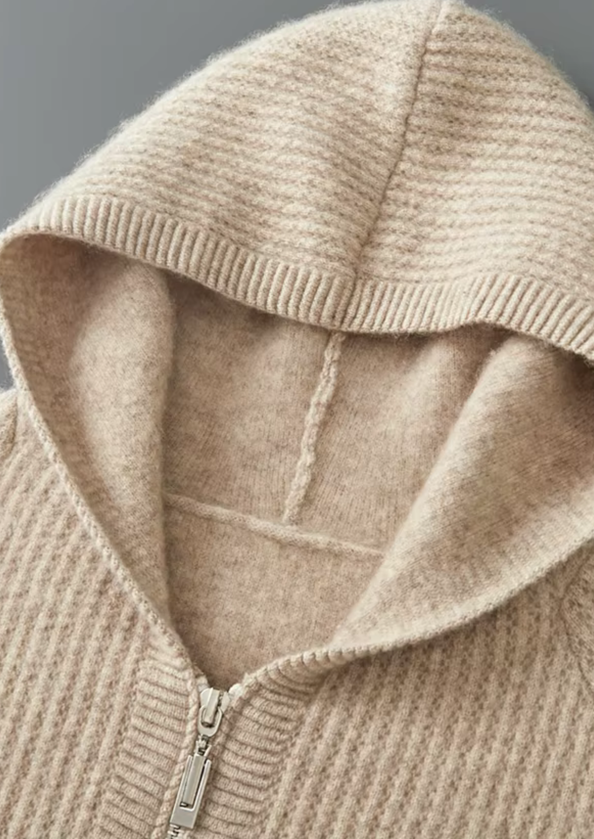 Pure Extra-Fine Merino Wool Ribbed Zipper Hoodie | Portovelli