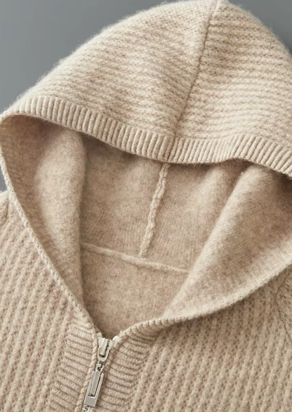 Pure Extra-Fine Merino Wool Ribbed Zipper Hoodie | Portovelli