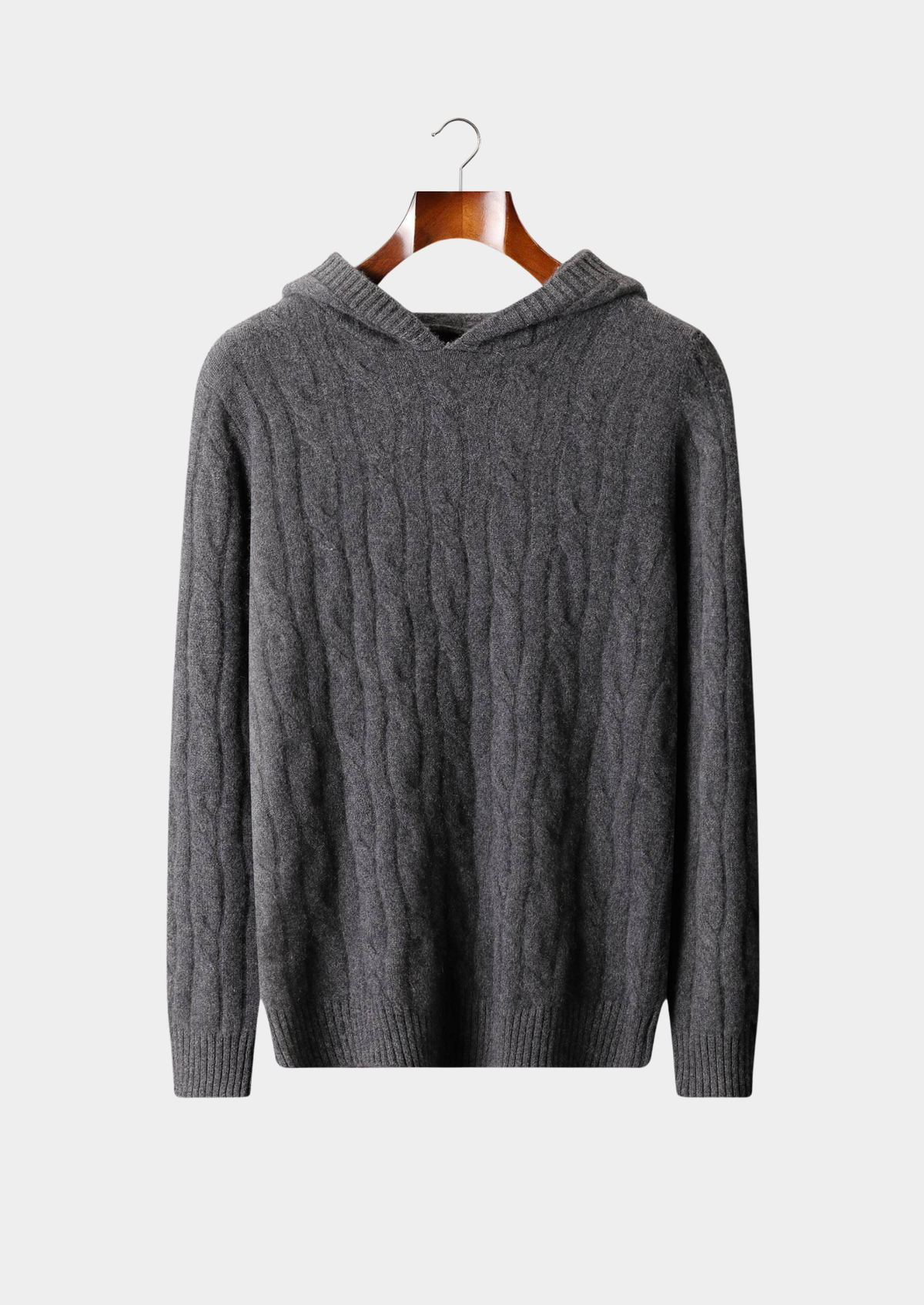 Pure Cashmere Dark Gray Cable Knit Hoodie | Portovelli