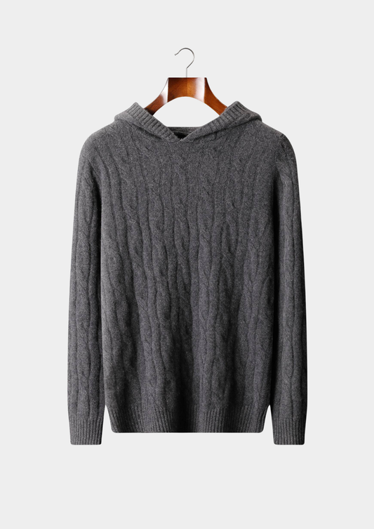 Pure Cashmere Dark Gray Cable Knit Hoodie | Portovelli