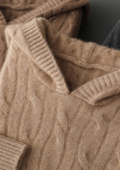 Pure Cashmere Sand Cable Knit Hoodie | Portovelli