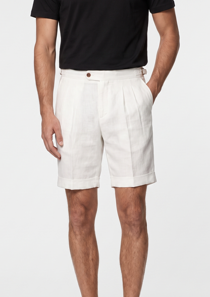 White Pleated Linen Seaside Shorts | Portovelli
