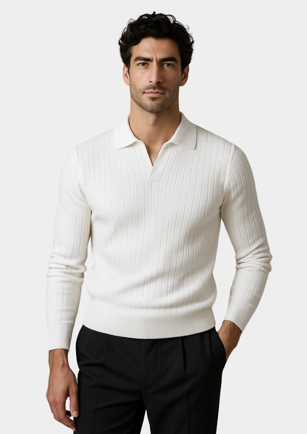 White Buttonless Ribbed Polo | Portovelli