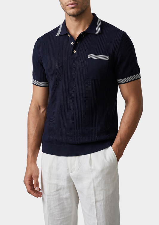 Leon Navy Blue Open Knit Lightweight Polo | Portovelli