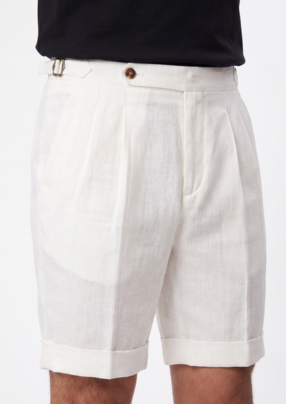 White Pleated Linen Seaside Shorts | Portovelli