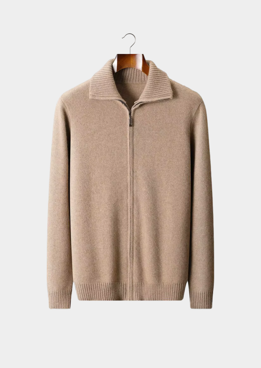 Pure Cashmere Beige Funnel Neck Cardigan | Portovelli
