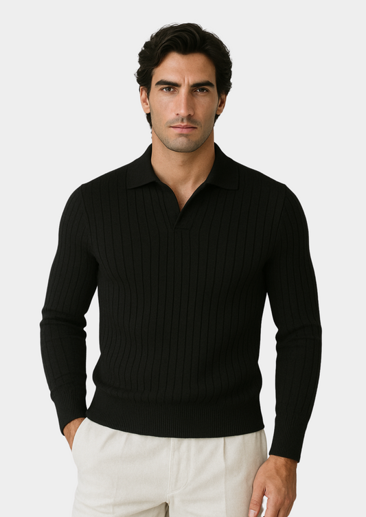 Black Buttonless Ribbed Polo | Portovelli