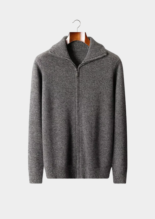 Pure Cashmere Heather Gray Funnel Neck Cardigan | Portovelli