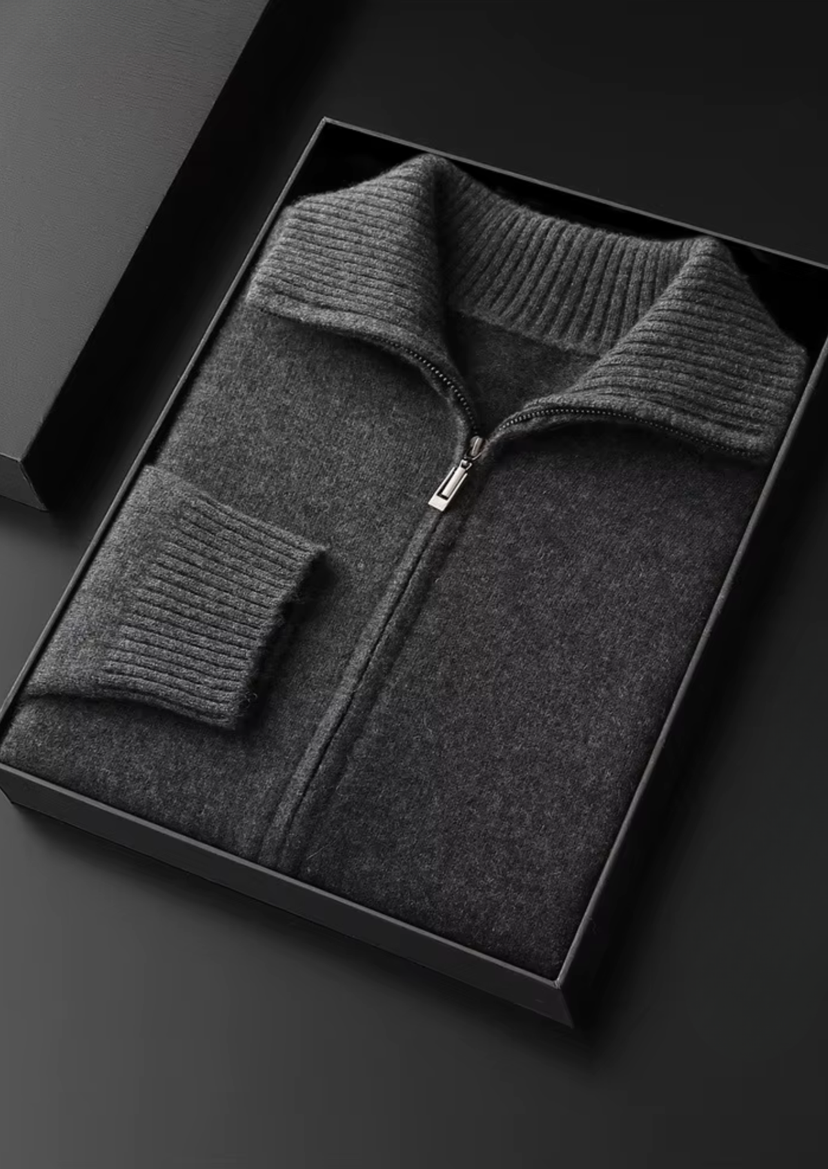 Pure Cashmere Dark Gray Funnel Neck Cardigan | Portovelli