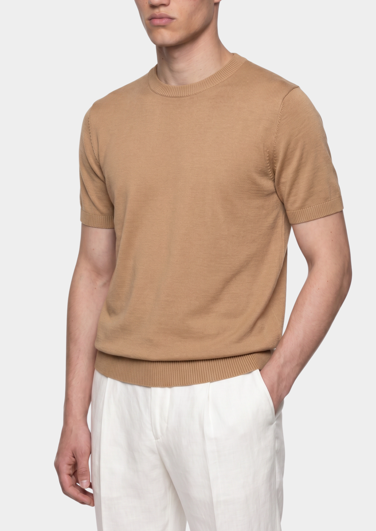 Essential Beige Knitted Crewneck T-Shirt | Portovelli