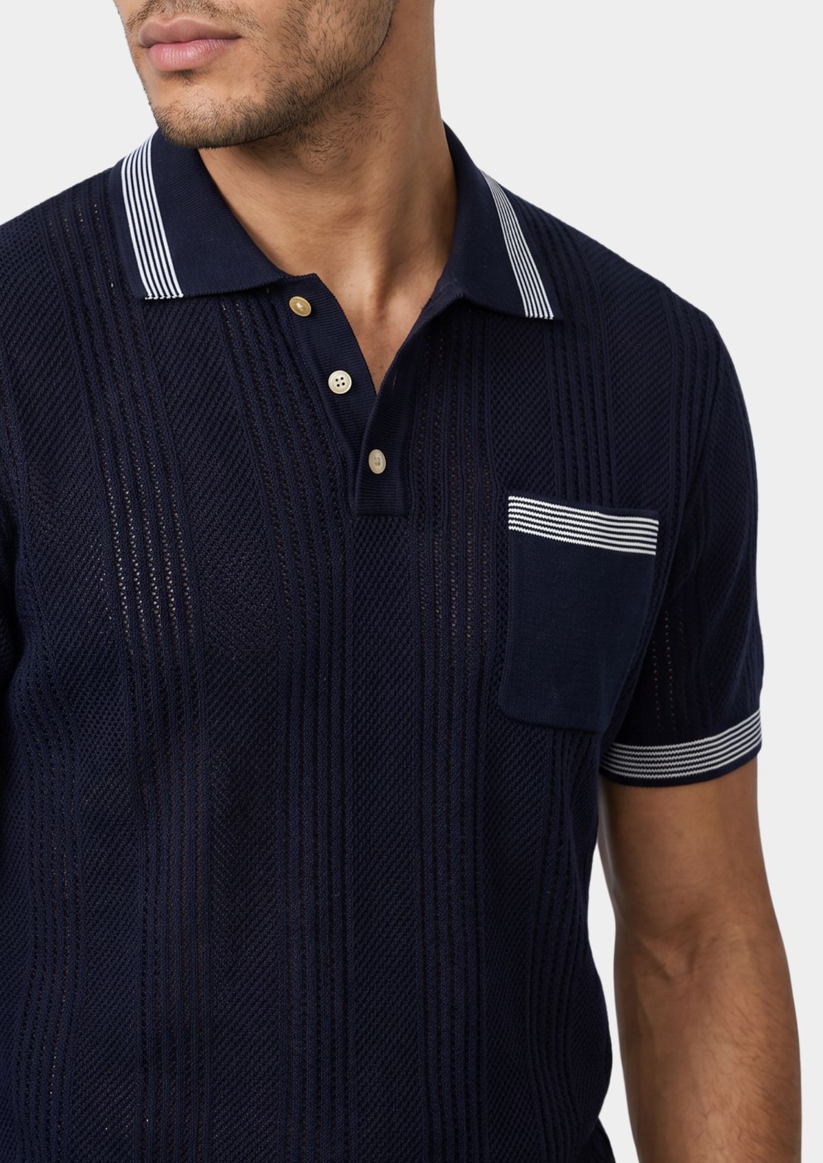 Leon Navy Blue Open Knit Lightweight Polo | Portovelli