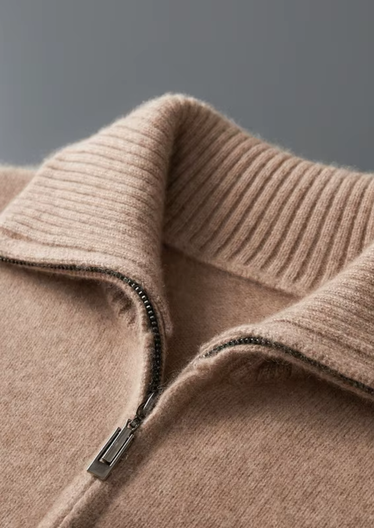 Pure Cashmere Beige Funnel Neck Cardigan | Portovelli