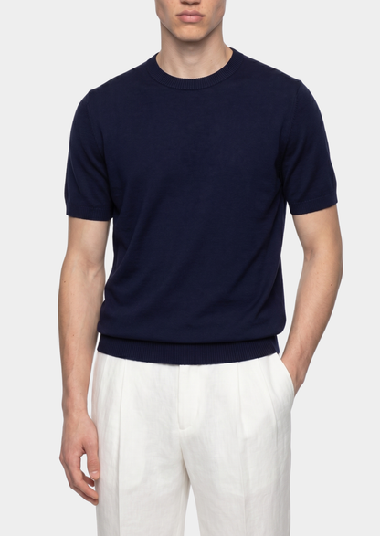 Essential Navy Blue Knitted Crewneck T-Shirt | Portovelli