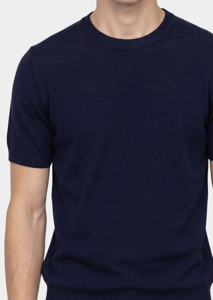 Essential Navy Blue Knitted Crewneck T-Shirt | Portovelli