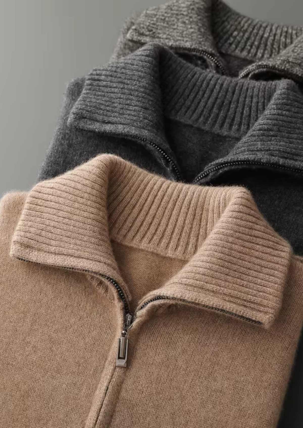 Pure Cashmere Heather Gray Funnel Neck Cardigan | Portovelli
