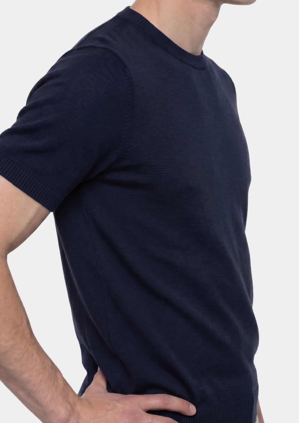 Essential Navy Blue Knitted Crewneck T-Shirt | Portovelli