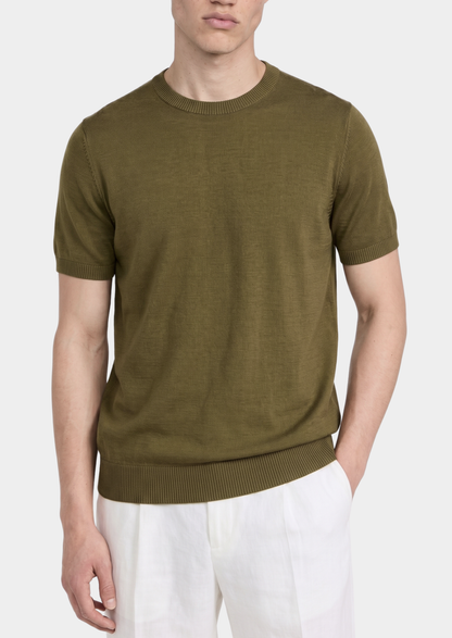 Essential Olive Knitted Crewneck T-Shirt | Portovelli