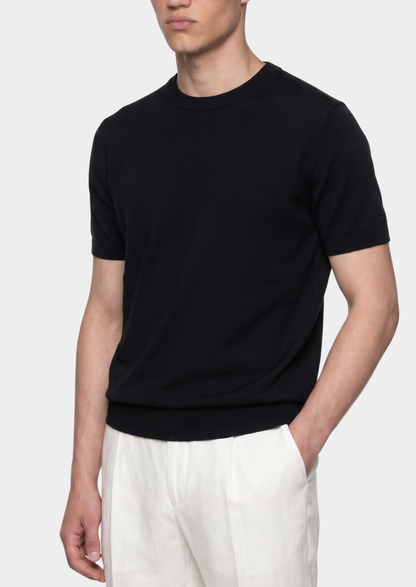 Essential Black Knitted Crewneck T-Shirt | Portovelli