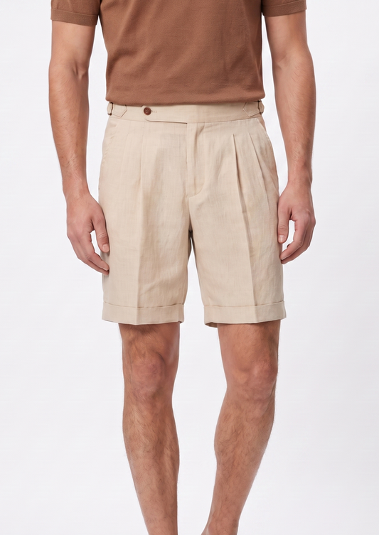 Sand Pleated Linen Seaside Shorts | Portovelli