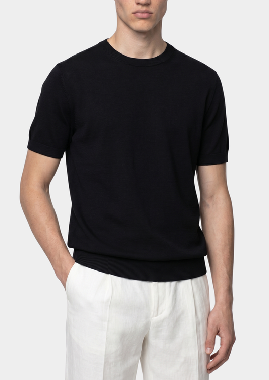 Essential Black Knitted Crewneck T-Shirt | Portovelli