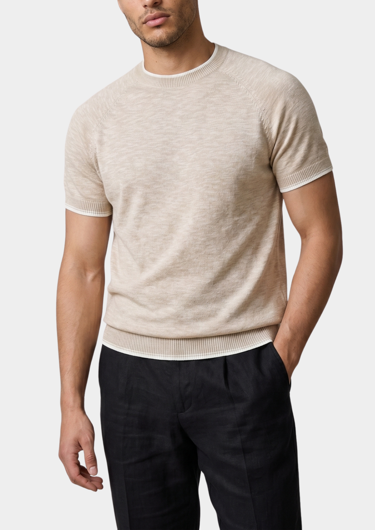Capri Beige Linen Contrast T-Shirt | Portovelli