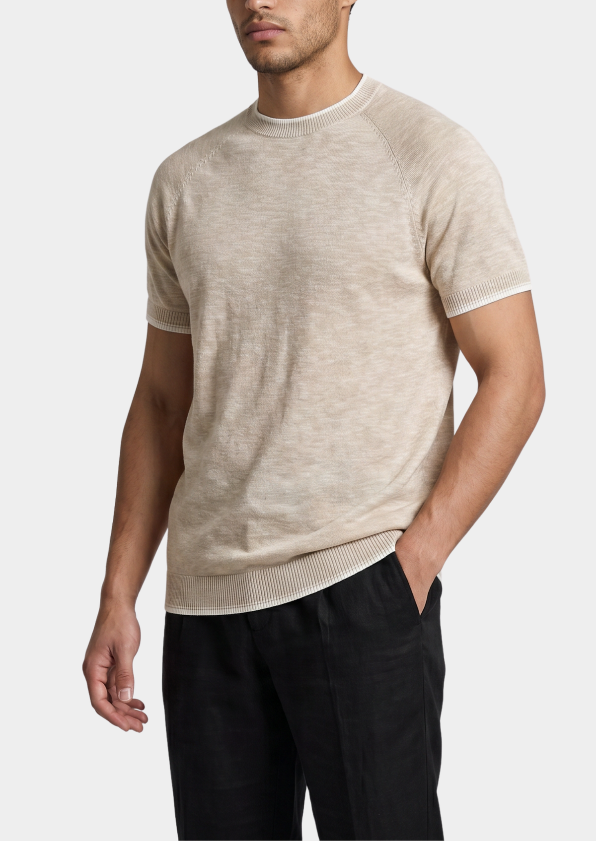 Capri Beige Linen Contrast T-Shirt | Portovelli