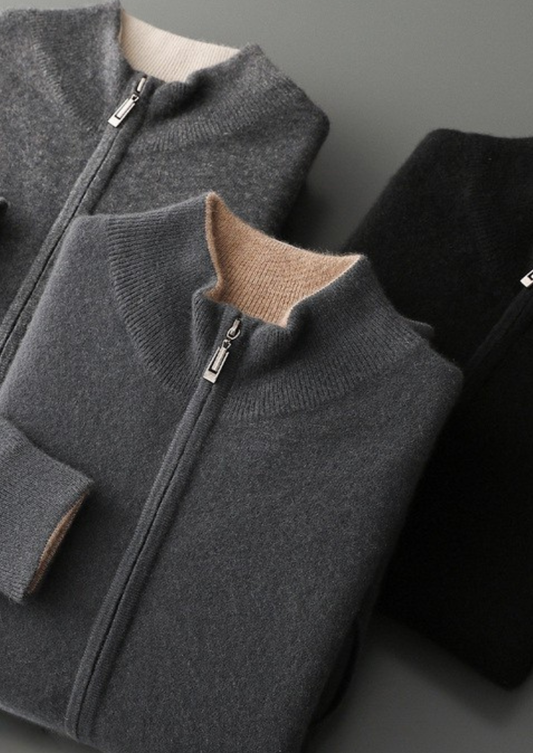 Pure Cashmere Black Dual Zip Cardigan | Portovelli