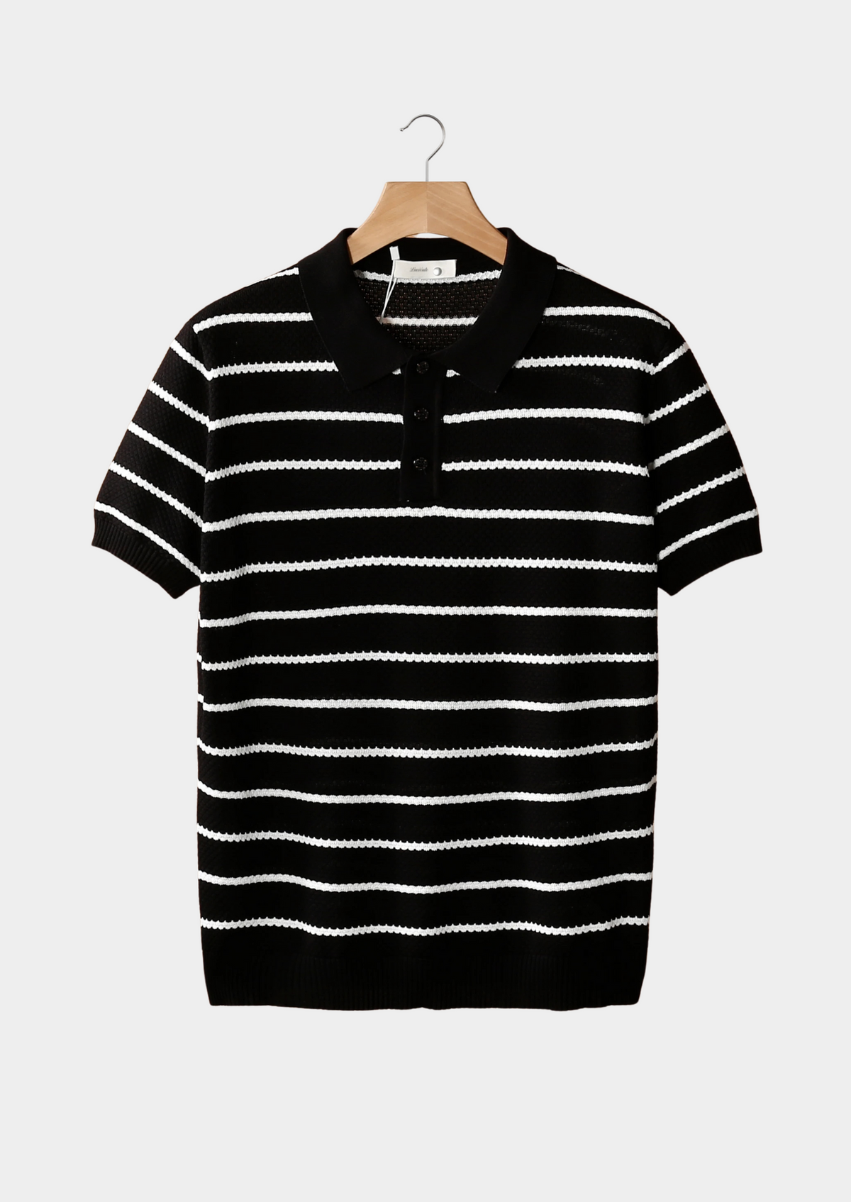 Black Striped Textured Button Polo | Portovelli