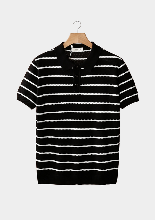 Black Striped Textured Button Polo | Portovelli