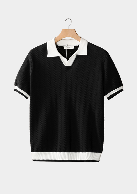 Black Contrast Textured Polo | Portovelli