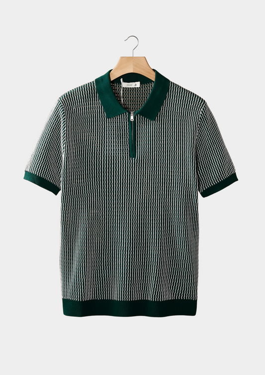 Green Geometric Textured Zipper Polo | Portovelli
