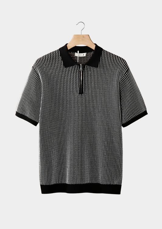 Black Geometric Textured Zipper Polo | Portovelli