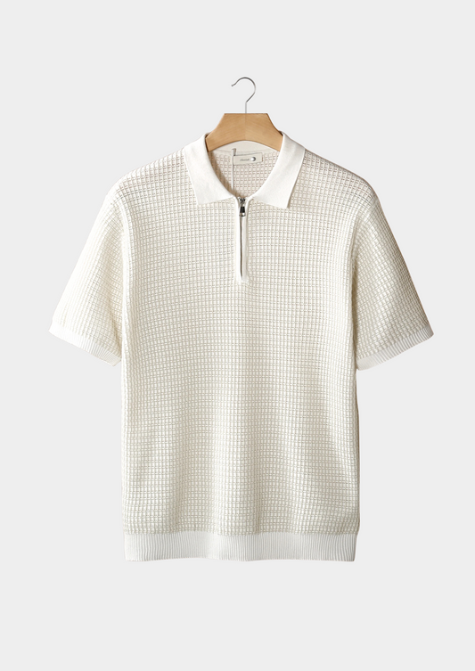 White Geometric Textured Zipper Polo | Portovelli