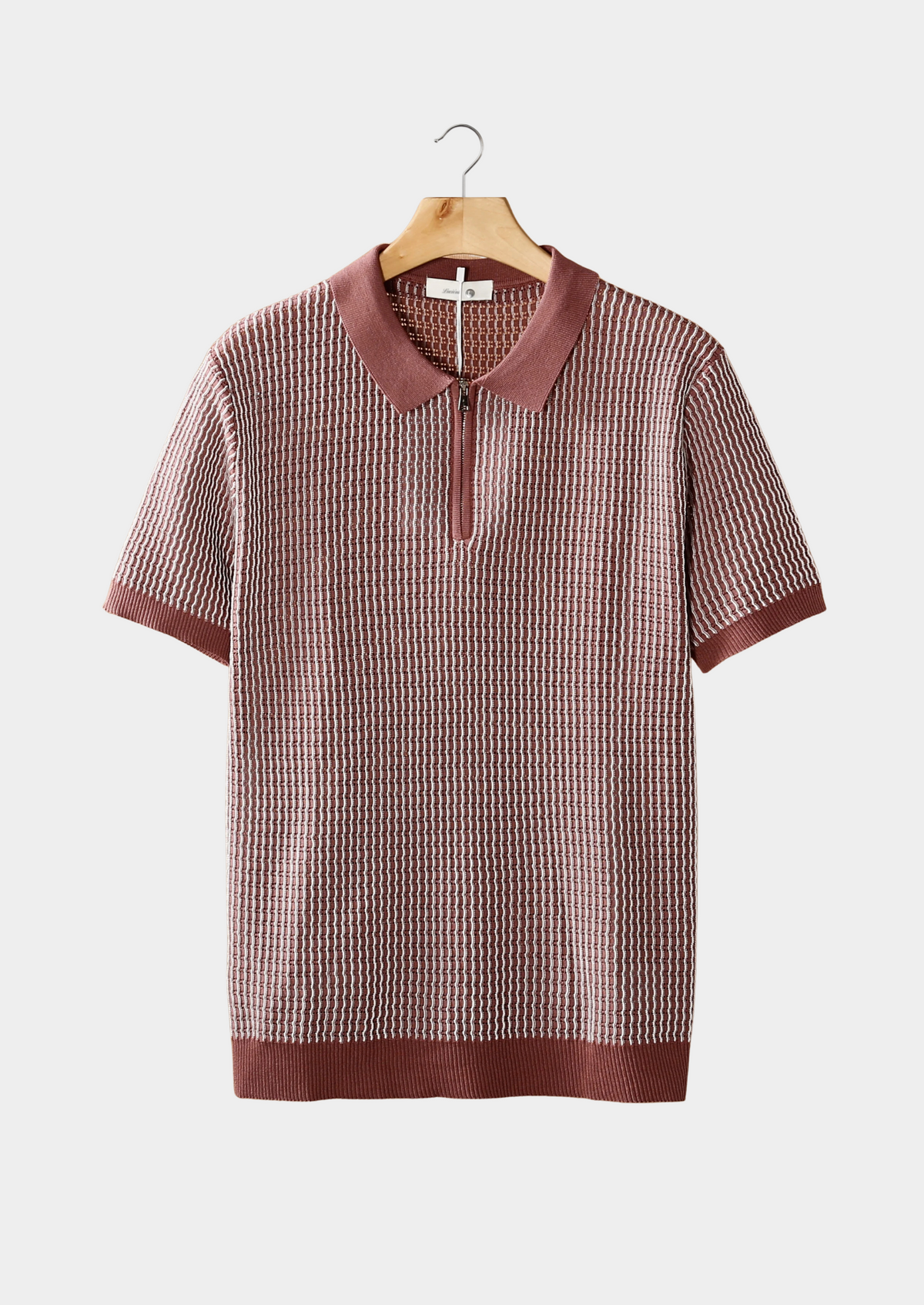Dusty Rose Geometric Textured Zipper Polo | Portovelli